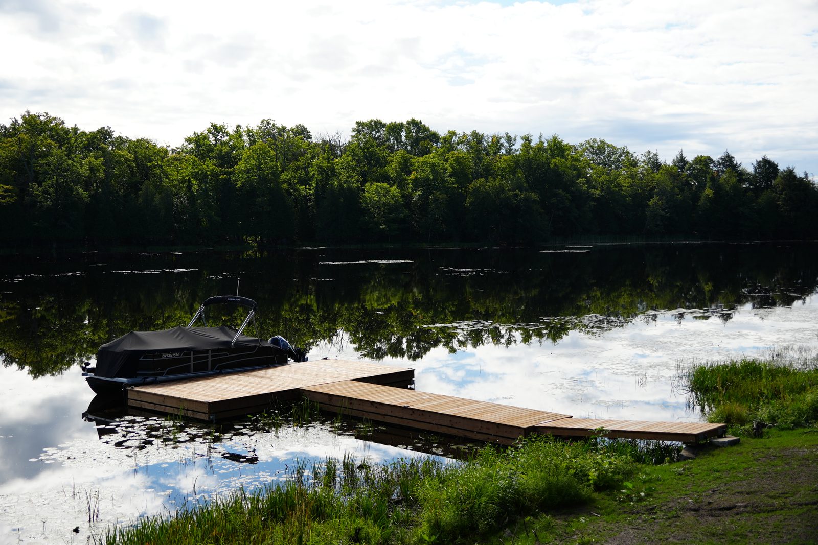 A wooden dock with a covered pontoon boat tied alongside, on a still, tree-lined lake with lily pads and a grassy shore in the foreground